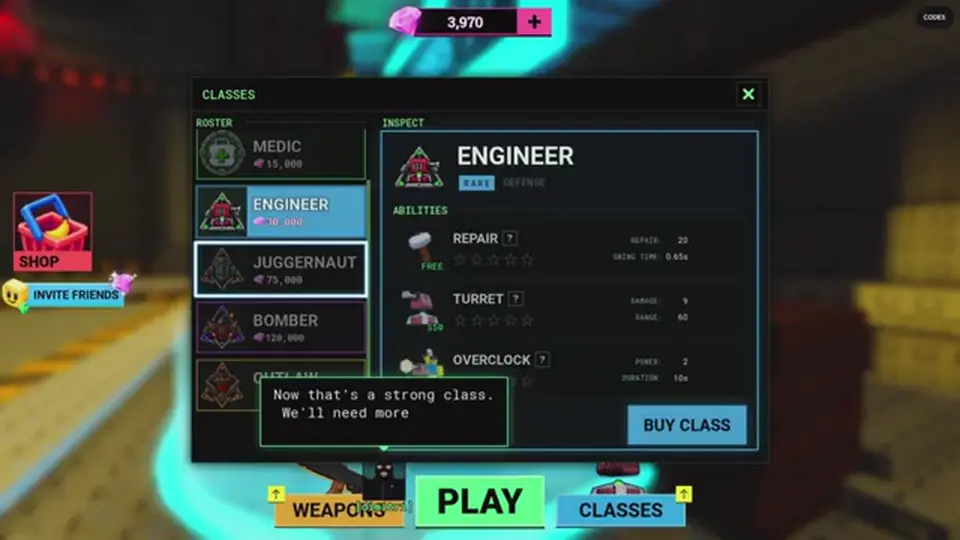 Classes roster: Medic, Engineer, Juggernaut, Bomber, Outlaw with Engineer inspect panel