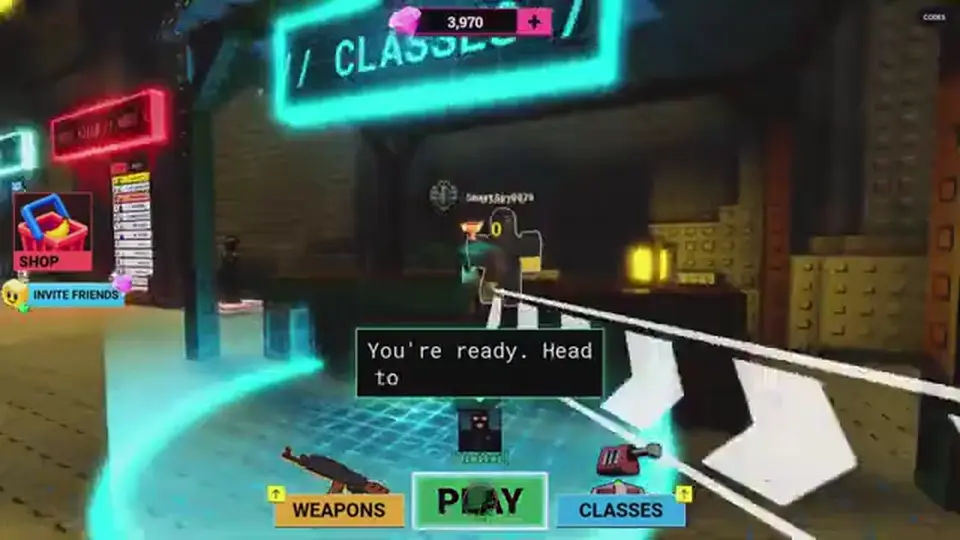 Lobby HUD with Codes in the upper-right and Classes shop sign