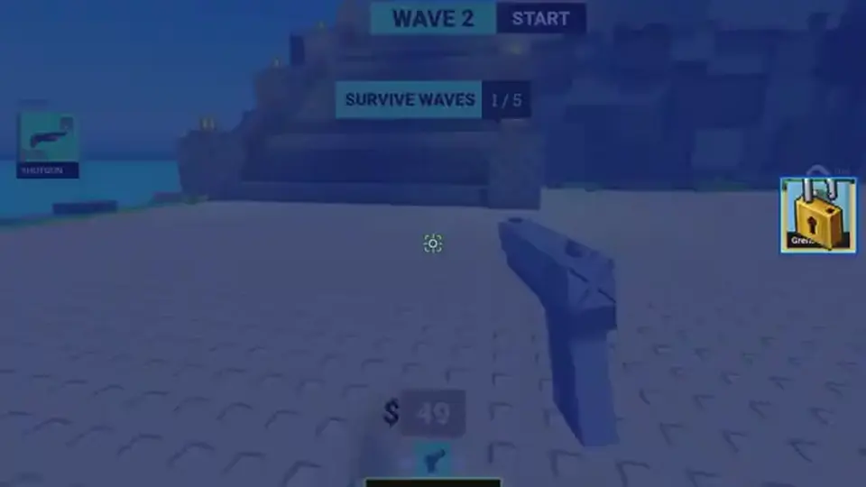 Wave 2 on open sand with a pistol and one wide exit ahead