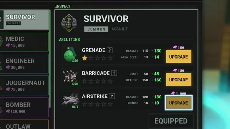 Survivor ability inspect with Grenade, Barricade, and Airstrike upgrade buttons